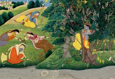 Krishna Fluting to the Milkmaids, Kangra painting, 1775-1785.