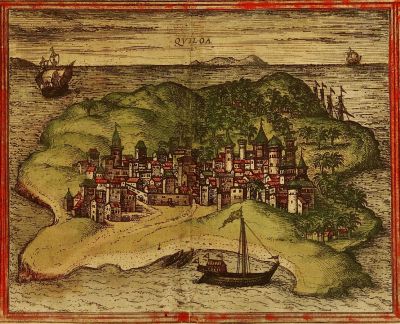 Quiloa - bird's-eye view of the city of Kilwa (Tanzania) from Georg Braun and Franz Hogenberg's atlas Civitates orbis terrarum, vol. I, 1572.