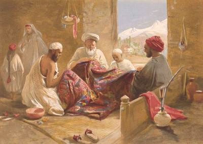 A Muslim shawl-making family shown in Cashmere shawl manufactory, 1867, chromolithograph, William Simpson [en.wikipedia].