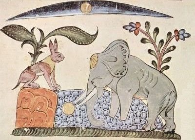 An illustration from a Syrian edition dated 1354. The rabbit fools the elephant king by showing him the reflection of the moon.