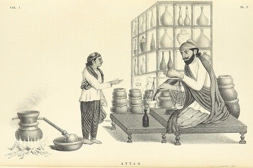A Punjabi woman in Kurti and suthan visiting the Attar, the pharmacist. 1852.