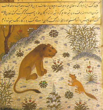 Persian manuscript copy dated 1429, depicts the Jackal trying to lead the Lion astray